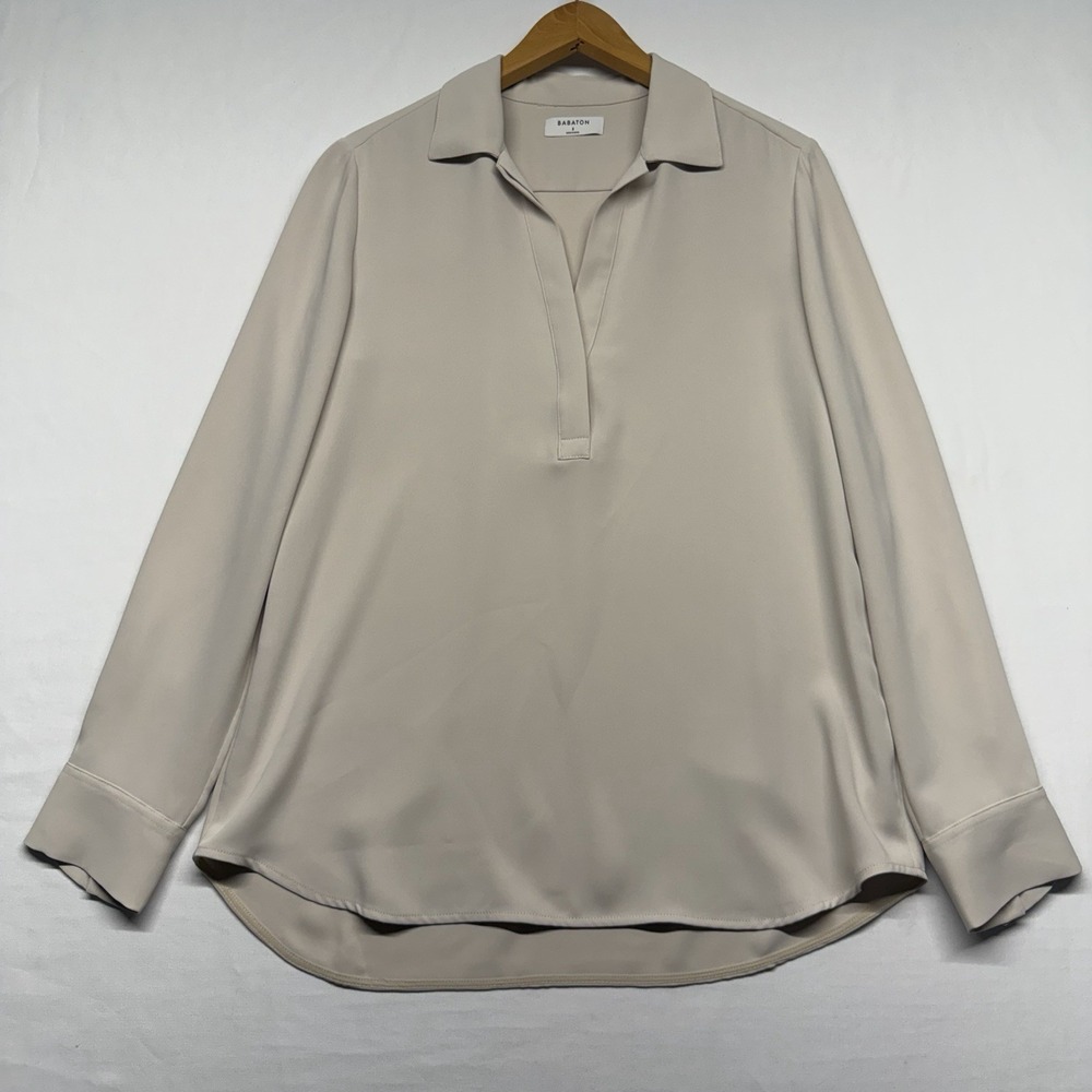 Babaton Professor Blouse Khaki Collared V Neck Long Sleeve Workwear Top S